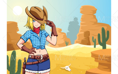 Anime-Cowgirl in der Wüsten-Vektor-Illustration