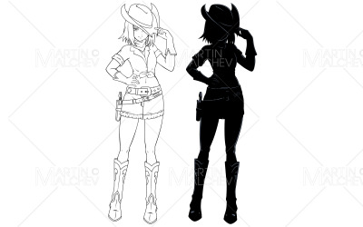 Anime Cowgirl Línea Arte y Silueta Vector Ilustración