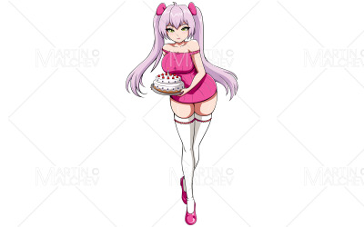 Anime flicka med födelsedagstårta på vit vektorillustration