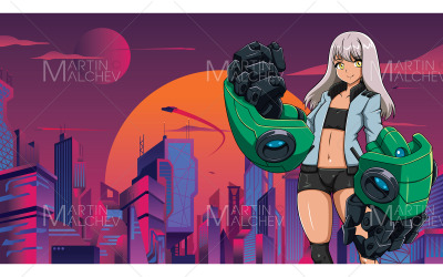 Anime flicka med robotarmar vektorillustration