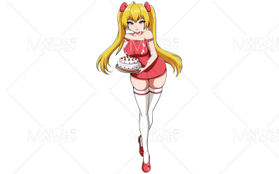 Anime Girl avec gâteau sur blanc Vector Illustration
