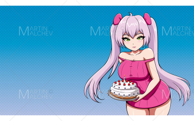 Anime Girl avec illustration vectorielle de gâteau d&amp;#39;anniversaire