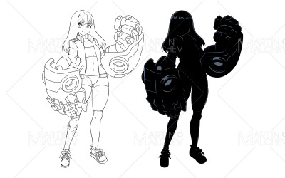 Anime Girl Line Art och Silhouette vektorillustration
