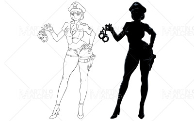 Anime Police Officer Line Art e Silhouette Vector Illustration