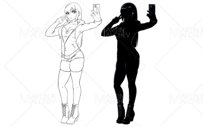 Anime Selfie Line Art och Silhouette vektorillustration
