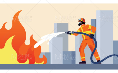 Firefighter Extinguishing Fire Vector Illustration