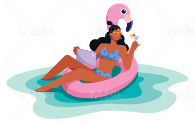 Freelancer Woman on Swim Ring Isolated Vector Illustration