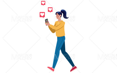 mujer, con, teléfono inteligente, vector, ilustración