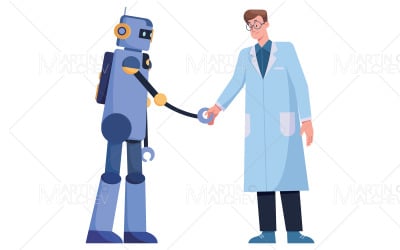 Scientist and Robot on White Vector Illustration