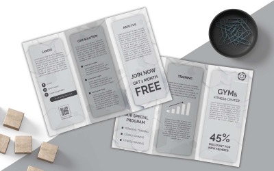 Design de brochura com três dobras cinza para academias e academias de ginástica - Identidade corporativa
