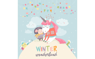 Linda garota pendurada Unicórnio Winter Wonderland Vector