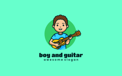 Menino e logotipo de desenho animado de guitarra