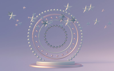 Composizione astratta 3D. Podio cilindrico su sfondo viola pastello con stelle d&amp;#39;argento volanti.