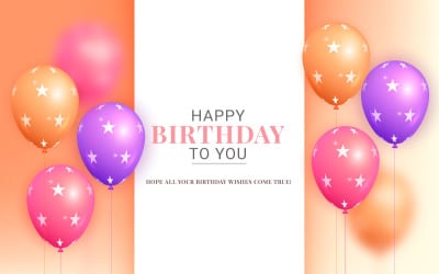 design de feliz aniversário com balão, carta de tipografia e confete caindo na luz