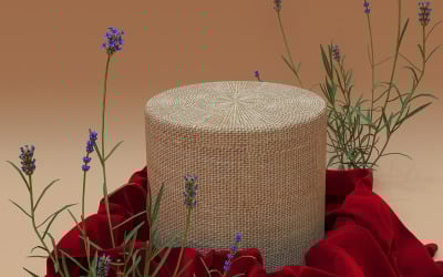 Podio redondo realista en 3D cubierto con tela de seda roja y flores de lavanda