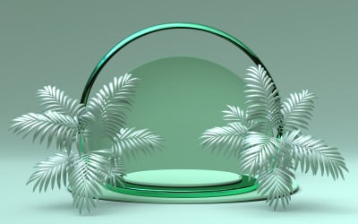 Scène géométrique minimale 3D avec podium rond et palmier d&amp;#39;été abstrait tropical vert