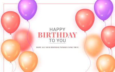 Verjaardagsontwerp met ballon, typografiebrief en vallende confetti op lichte achtergrond