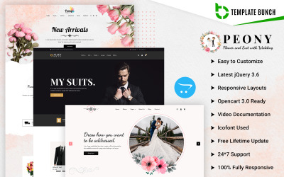 Пион - цветок и костюм со свадьбой - адаптивная тема электронной коммерции Opencart 3.0