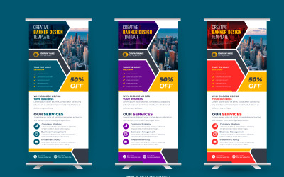 Vector roll up display standee banner design e biglietto da visita o modello di volantino dl