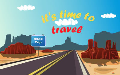 Настав час подорожувати – дорожні екскурсії, сучасна асфальтова дорога в пустелі – безкоштовний плоский вектор.