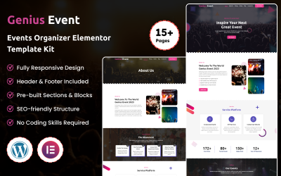 Genius Event - Elementor-sjabloonkit voor organisator van evenementen