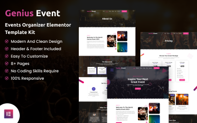 Genius Event - Kit de plantillas Elementor para organizador de eventos