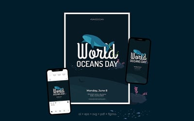Conjunto de volantes del Día Mundial de los Océanos para impresión y redes sociales