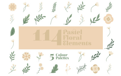 5 Pastel Renk Paletinde 114 Çiçek Öğesi: Yaratıcı Projeler için Vektör ve PNG Dosyaları