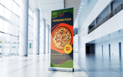Pancarta enrollable corporativa de comida fresca de pizza de peperoni, pancarta X, pie, diseño de tracción