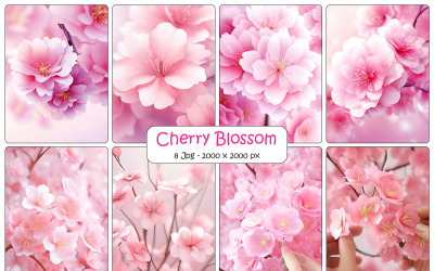 Pink cherry blossom with falling petals, sakura cherry blossom branch with flower background