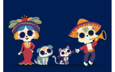 Dia de Muertos Karakter Öğeleri Çizimi