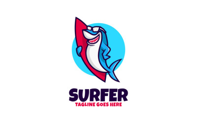 Logotipo de dibujos animados de mascota de tiburón surfista