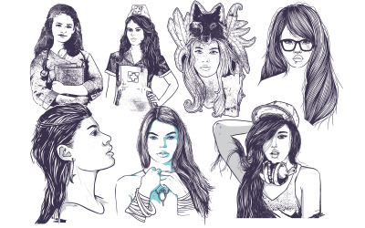niñas, conjunto, ilustración, vector