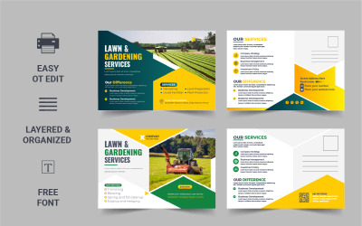 Rasenmäher-Garten- oder Landschaftsbau-Service-Postkarten-Design-Vorlage-Layout