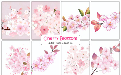 Realistic cherry blossom background, sakura branch with pink flowers and petals