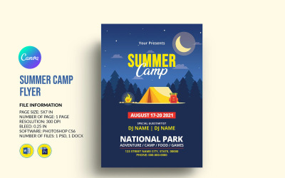 Folleto de invitación de campamento de verano Ms word y plantilla de Photoshop