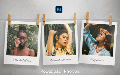 Polaroidbilder på klädnypor