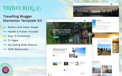 Blog de voyage - Kit de modèles Elementor Blogger itinérant