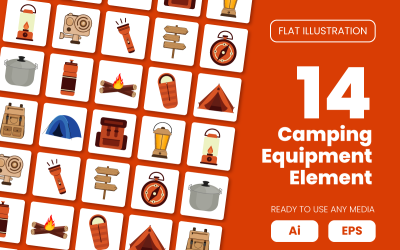 Samling av campingutrustning element i platt illustration