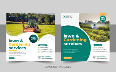 Publicación en redes sociales de servicios de agricultura orgánica moderna o plantilla de diseño de banner de cuidado del césped