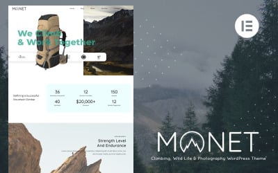 Monet — motyw WordPress dotyczący wspinaczki, dzikiej przyrody i fotografii