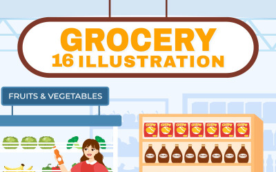 16 alimentos tienda de comestibles compras ilustración