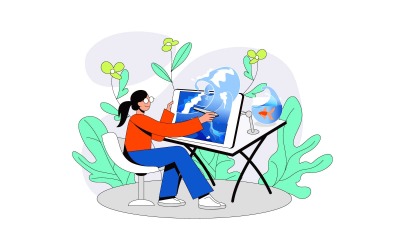 Ілюстрація графічного дизайнера, дівчата на комп’ютері векторної графіки, дизайнер розробляє концептуальну роботу