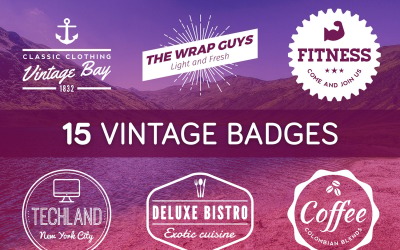 Vintage Badge - Sada 15 odznaků a log