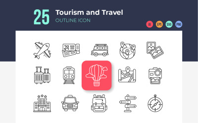 Cestovní ruch a cestování ikony osnovy