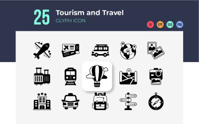 Symbole für Tourismus und Reisen im Glyphenstil