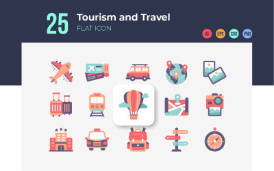 Turismo e icone di viaggio in stile piatto