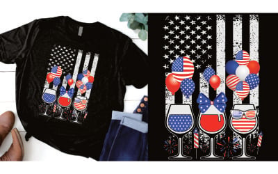 Vino tinto y azul con globos de bandera de EE. UU. Diseño de camiseta del día de la independencia del 4 de julio