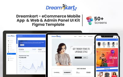 DreamKart - мобильное приложение электронной коммерции, веб-интерфейс и набор пользовательского интерфейса панели администратора Figma Template
