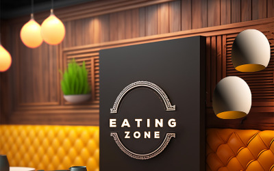 Maquete do logotipo da zona de alimentação | Cante modelo de logotipo | Fundo de parede de madeira.